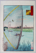 Subject: Landscape of a marsh with fishing boats and large fishing net in foreground