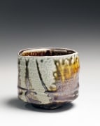 Brown and pale green salt-glazed round straight-sided teabowl titled, Jukai; Sea of Trees