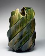 Kato, Yasukage, Kato Yasukage, Japanese, ceramics, contemporary, oribe, green, glazed, glazed stoneware, stoneware, vessel, vase, twisting, diagonal, 2007
