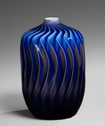 Blue and purple kutani-glazed columnar vase with vertically carved undulating patterning, ca. 2004