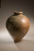 Large vessel with tapered base and natural ash glaze in dark brown, light brown, turquoise and green colorations, 2008