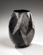 Black and white ovoid vase with striped and cross-hatched patterning, 2019