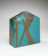 Turquoise rectangular vessel with high sloped shoulders and small round mouth, ca. 1990