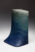 Columnar, open-mouthed sculpture with extended foot and banding of varied colored clay, 1985