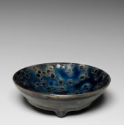 Shallow, wide, sake cup with extensive purple and blue tenmoku oil-spot patterns, 2021