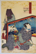 Utagawa Kunisada, (1786-1865),Genji stopping a courtesan as he is seated before a wintery screen, ch. 46,1859, 1st month, Oban tate-e diptych, diptych, Japanese woodblock print, Japanese ukiyoe, Japanese ukiyo-e, Japanese hanga, Japanese bijinga
