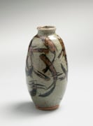 Narrow ovoid vase with irregular woven-bamboo patterning in iron oxide over green ash glaze