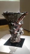 Celadon black-crystal paddled-up Zun-shaped vessel with trailing iron glaze, titled Babel, 2019