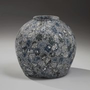 Blue and white Neriage&nbsp;(marbleized) vessel with floral patterning, ca. 1988