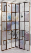 Rosha Yaghmai, Slide Samples; Windows, 2019 Resin, glass, steel, rust, printed organza, mirror