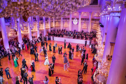 A choreographed waltz, the main event at Tatler&rsquo;s Debutante Ball, in the Pillar Hall at the Palace of Unions, Moscow, 2014. During the Soviet era, the hall was used to display bodies of deceased leaders, including Lenin and Stalin, before their state funerals.