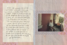 A collage of an handwritten portuguese text by Ana Maria Jeremias recounting her story. Translation: &quot;&quot;My mom said my dad sold me, but my dad never did. I&#039;m sure. Because I remember when I left my dad&#039;s farm to go live with a Portuguese family in Luanda, my dad said &quot;she&#039;s going, but to study,&quot; but I never studied. After thirty years without knowing my family, I met Dr. Medina who helped me find my family in Angola and found out that my dad&#039;s signature wasn&#039;t on the paper. It was fake.&quot;, 2024