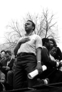 Andrew Young with hand over heart, after singing the National Anthem; Bernard King, and on right John Lewis, Selma to Montgomery, Alabama Civil Rights March; March 25, 1965