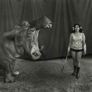 Hippopotamus and Performer, Great Raynow Circus, Madras, India,&nbsp;1989, Silver Gelatin Photograph