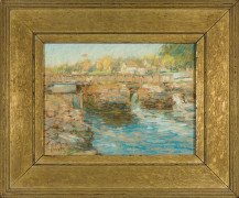 CHILDE HASSAM (1859&ndash;1935), &quot;The Mill Dam, Cos Cob,&quot; 1902. Pastel on paper, 8 1/8 x 10 7/8 in. Showing original gilded oak frame.