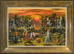 JOHN ROGERS COX (1915&ndash;1990), &quot;Swamp,&quot; 1969. Oil on wood panel, 20 x 30 in. Showing shallow-cove modernist frame.