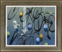 ROBERT VICKREY (1926&ndash;2011), &quot;Eight Balloons, 1995. Egg tempera on gessoed panel, 22 1/4 x 27 1/2 in. Showing gilded and painted Modernist frame.