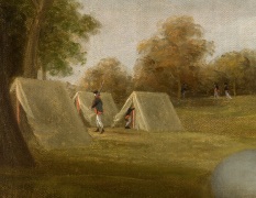 CHARLES WILLSON PEALE (1741&ndash;1827), &quot;Portrait of General David Forman,&quot; c. 1784.  Oil on canvas, 51 1/2 x 39 5/8 in. (detail of military encampment at upper left).