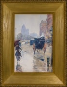 CHILDE HASSAM (1859&ndash;1935), &quot;New York Street Scene (Rainy Day, New York),&quot; 1892. Watercolor, gouache, and charcoal on paper, 15 x 10 1/4 in. Showing gilded oak Arts &amp; Crafts style frame.