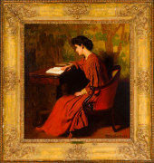 THOMAS POLLACK ANSHUTZ (1851&ndash;1912), Woman Reading at a Desk, c. 1910. Oil on canvas, 26 x 24 in. Showing carved and gilded Regence-style frame.