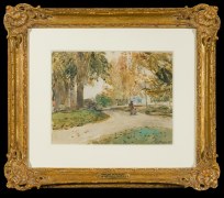 CHILDE HASSAM (1859&ndash;1935), &quot;New England Village Street, c. 1891&ndash;94. Watercolor on paper, 9 x 11 1/2 in. Showing gilded Louis XV-style frame.
