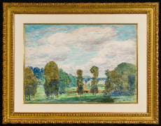 CHILDE HASSAM (1859&ndash;1935), &quot;Landscape, New Hampshire,&quot; 1906. Watercolor on paper, 13 3/4 x 19 3/4 in. Showing gilded Louis XIII-style watercolor frame and fabric mat.
