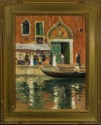 JANE PETERSON (1876&ndash;1965,) Open Air Market, Venice, about 1910&ndash;20. Oil on canvas, 24 x 18 in. Showing gilded American Impressionist-style frame.