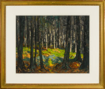 ROBERT HENRI (1865&ndash;1929), &quot;Sunlight in the Woods,&quot; 1918. Pastel on buff paper, 15 1/4 x 19 in. Showing gilded watercolor frame and mat.