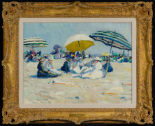 JANE PETERSON (1876&ndash;1965) &quot;Beach Scene, Gloucester,&quot; about 1916. Oil on canvas, 18 x 24 in. Showing gilded Louis XV-style sweep frame.
