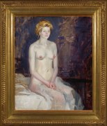 JOHN SLOAN (1871&ndash;1951), &quot;Blonde Seated on Edge of Couch,&quot; 1913. Oil on canvas, 24 x 20 in. Showing gilded American Impressionist frame.