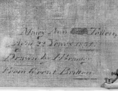JOHN BRADLEY (1801&ndash;c. 1847), &quot;Portrait of Mrs. Mary Ann Brackett Totten,&quot;&nbsp;1834. Oil on canvas, 33 x 27 in. Detail of inscription on the back of the canvas.