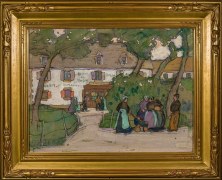 JANE PETERSON (1876&ndash;1965), Village Gossips, Brittany,&quot; about 1908&ndash;10 Gouache on paper, 18 x 23 1/2 in. Showing gilded American Impressionist-style frame.
