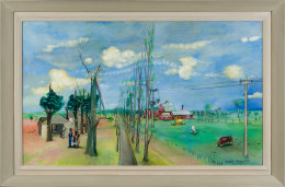 PHILIP EVERGOOD (1901&ndash;1973), &quot;Fat of the Land,&quot; c. 1940&ndash;41. Oil on canvas, 28 x 46 in. Showing painted modernist frame.