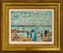 MAURICE PRENDERGAST (1858&ndash;1924), &quot;Figures on the Pier,&quot; about 1907&ndash;10. Oil on wood panel, 10 1/8 x 13 1/2 in. Showing gilded Louis XV-style frame.