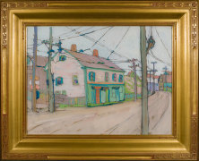 JANE PETERSON (1876&ndash;1965), &quot;A Street in Gloucester,&quot; about 1916&ndash;20 Gouache on paper, 18 x 23 5/8 in. Showing gilded American Impressionist-style frame.