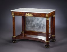 Pier Table, Boston, about 1815&ndash;20. Mahogany, partially ebonized, with gilt-bronze mounts, gilt-brass moldings filled with lead, marble and mirror plate 34 1/2 in. high, 41 5/16 in. wide, 21 in. deep