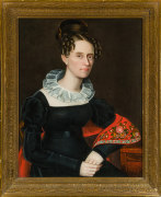 AMMI PHILLIPS (1788&ndash;1865), &quot;Lady with a Red Flowered Shawl,&quot; about 1824&ndash;29. Oil on canvas, 33 1/4 x 26 1/8 in. Showing gilded composition frame.