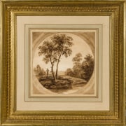 THOMAS BIRCH (1779&ndash;1851), &quot;Coastal Scene,&quot; c. 1850. Sepia wash drawing, 8 15/16 x 8 13/16 in. Showing gilded frame and French mat.