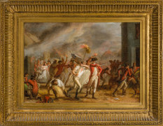 JOHN TRUMBULL (1756&ndash;1843), &quot;The Burning of New London,&quot; about 1785. Oil on canvas, 14 x 20 in. Showing Neo-Classical fluted cove frame.