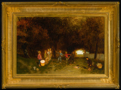 CHARLES CALEB WARD (1831&ndash;1896), &quot;Independence Day,&quot; 1876. Oil on wood panel, 15 3/4 x 24 in. Showing gilded fluted American cove frame.