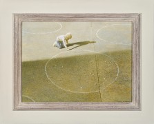 ROBERT VICKREY (1926&ndash;2011), &quot;Marble Player.&quot; Egg tempera on gessoed panel, 11 3/8 x 16 in. Showing painted and stained Modernist frame.
