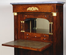Secr&eacute;taire &agrave; Abattant, about 1820&ndash;25. Attributed to Thomas Emmons and George Archbald, Boston (active together 1814&ndash;25). Mahogany and bird&rsquo;s eye maple, with ormolu mounts, die-rolled gilt-brass moldings filled with lead, marble, mirror plate, and leather, variously blind-stamped and gilded, 57 3/16 in. high, 37 1/4 in. wide, 19 3/4 in. deep. Detail of gallery with desktop opened.