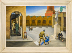 O. LOUIS GUGLIELMI (1906&ndash;1956), &quot;The American Dream,&quot; 1935. Oil on Masonite, 21 1/2 x 30 in. Showing original painted frame.