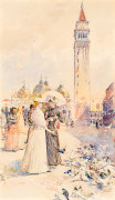 CHILDE HASSAM (1859&ndash;1935), Feeding the Pigeons in the Piazza, about 1890&ndash;91. Watercolor on paper, 20 7/8 x 12 in.