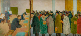 ARNOLD FRIEDMAN (1874&ndash;1946), &quot;Money Order Window,&quot; 1935. Oil on wood panel, 12 x 27 1/2 in.