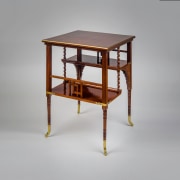 &quot;Tiered Table in the Aesthetic Taste,&quot; about 1880. A. &amp; H. Lejambre (active 1865&ndash;1907), Philadelphia. Mahogany, with inlays of brass, copper, and pewter, and brass moldings, straps and sabots, 27 in. high, 20 in. wide, 20 in. deep,