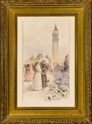 CHILDE HASSAM (1859&ndash;1935), Feeding the Pigeons in the Piazza, about 1890&ndash;91. Watercolor on paper, 20 7/8 x 12 in. Showing gilded frame.