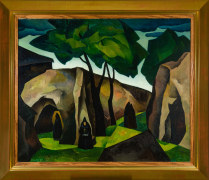 ILLIAM S. SCHWARTZ (1896&ndash;1977), &quot;The Old Monastery Wall,&quot; 1927. Oil on canvas, 30 x 36 in. Showing gilded reverse-bevel modernist frame.