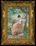 THEODORE ROBINSON (1852&ndash;1896)  The Layette  Oil on canvas, 23 x 15 in. Showing gilded Louis XV-style sweep frame.