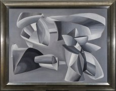 JOHN FERREN (1905&ndash;1970), Grey Scale Composition, 1937. Oil and sand on canvas, 35 x 45 5/8 in. Showing gilded frame.